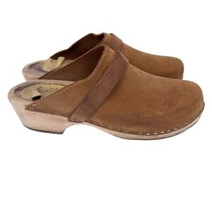 Lotta from Stockholm Tan Suede Wooden Swedish Clogs Mules Size 41